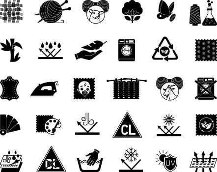 Black Icons Material Characteristics. Illustrations Textile, Leather, Yarn, Cotton, Silk, Wool, Cashmere, Synthetic Knitted, Bamboo, Waterproof, Breathable, Eco-Friendly, For Kids, and Others vector
