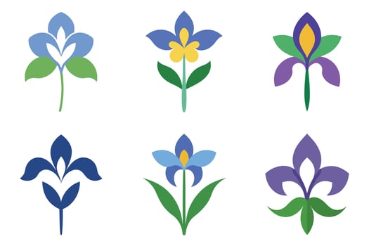 Six stylized floral illustrations in shades of blue and purple. vector