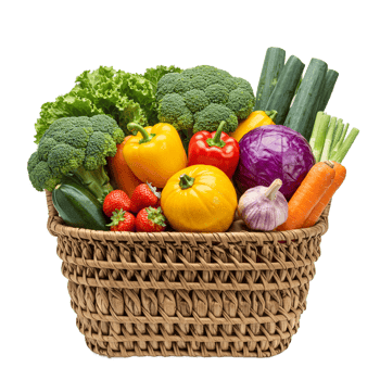 Vegetable basket showcasing a variety of fresh produce for cooking. png
