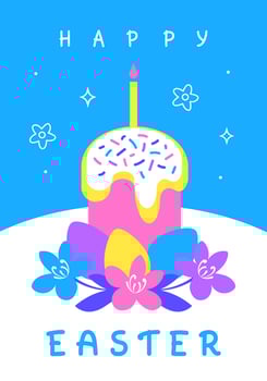Happy Easter greeting card with Easter cake and colored eggs on yellow background. Poster design in modern minimalist flat style. vector
