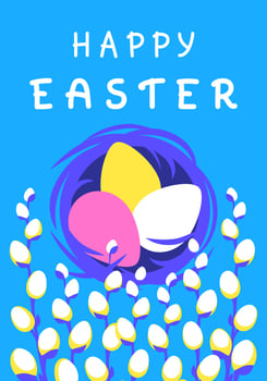 Easter greeting card, easter eggs in nest behind willows twigs. Vibrant poster design in minimalist flat style vector