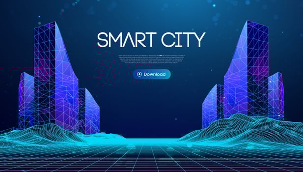 Wireframe landscape with Smart city. Technology background blue in low poly style. Data security 3d background. Global social network connection. vector