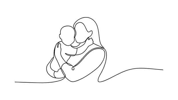Mothers Love OneLine Drawing, Baby, Hug, Affection, Care, Child, Family, Bond, Tenderness, Embrace vector