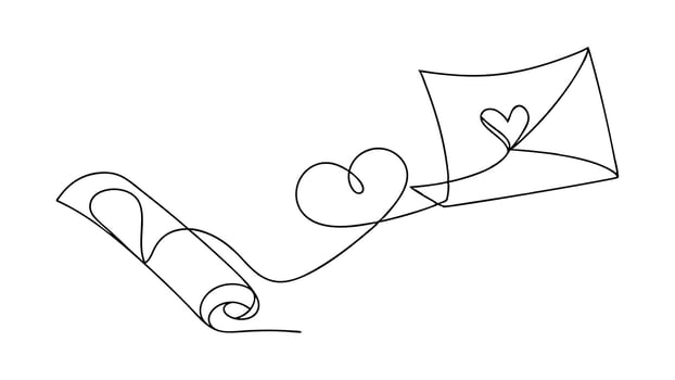 One Line Drawing Heart Kite, Love Letter, Flying, Romance vector