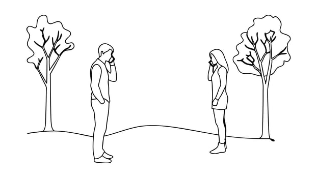 Couple Talking Phones Park Trees Outdoor Line Art Minimalist Illustration vector
