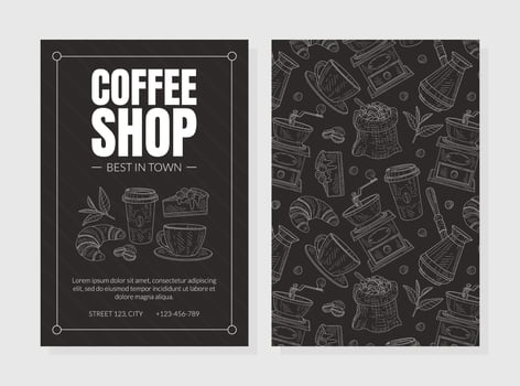Coffee Shop Advertising Two-sided Leaflet with Hand Drawn Food Items Design vector