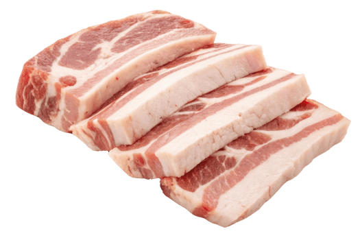 Fresh pork belly slices arranged neatly, showcasing marbling and texture png