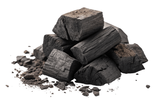 Charcoal pieces stacked on surface with dust and debris, ideal for grilling or art png