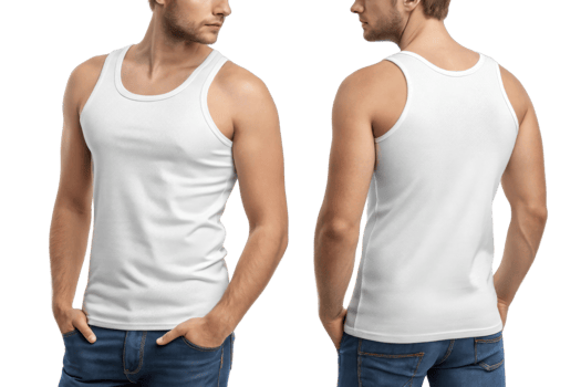 plain white tank top worn by man, showcasing front and back views png
