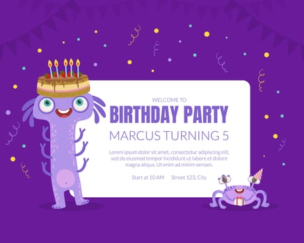 Birthday party invitation. illustration on a purple background. vector