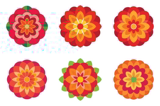 Six vibrant floral designs in warm red and orange tones. vector