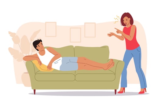 Family quarrel between wife screaming at lazy husband sitting on couch and refusing to go to work vector