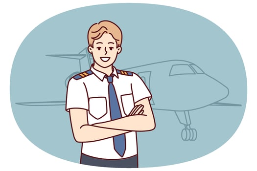 Man pilot of airplane stands with arms crossed near airliner inviting to buy new airline ticket vector
