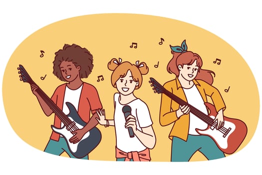 Musical group of teenage girls with guitars and microphone performing at amateur concert vector
