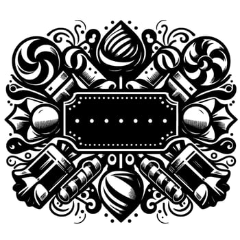 Intricate Black and White Illustration of a Decorative Border featuring Candies, Lollipops, and a Rectangular Centerpiece with Ornate Flourishes. vector