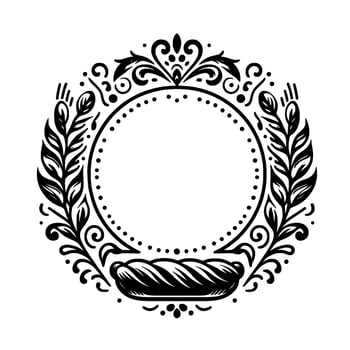 Black and white decorative circular frame with ornate foliage and a twisted bun detail at its base, perfect for invitation . vector