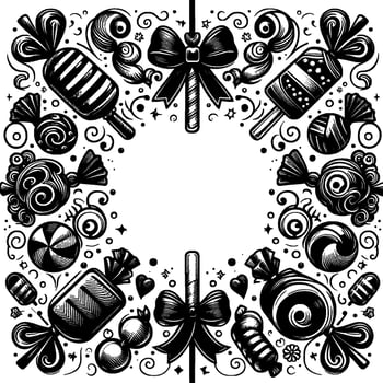 Ornate Black and White Candy Frame with Lollipops, Swirls, and Bows, Creating a Sweet and Decorative Border vector