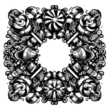 Intricate Black and White Illustration Symmetrical Ornamental Candy and Scroll , Square Frame, Engraving Style, Decorative Border. vector
