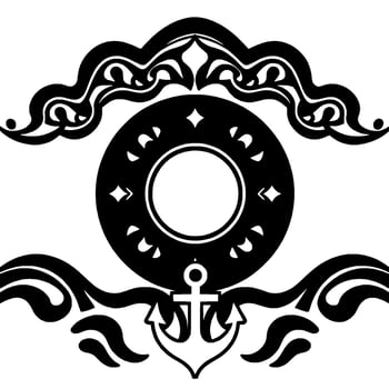 Artistic Black and White Nautical Anchor, Waves, Decorative Circle with Floral Elements vector