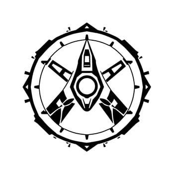 Geometric Emblem of a Futuristic Starship, Featuring Angular Elements Within a Detailed Circular Frame, in Minimalist Black and White. vector