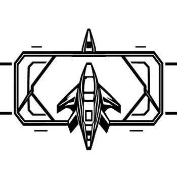 Geometric Black and White Isometric Illustration of a Futuristic Spaceship Inside a Framed Geometric Structure. vector