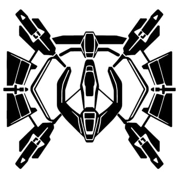 Symmetrical Black and White Futuristic Spaceship Blueprint Depicting a Central Cockpit with Attached WeaponUtility Pods and Auxiliary Components. vector