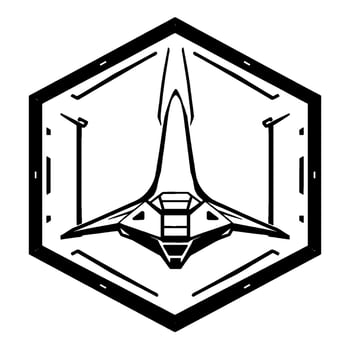 Black and white stylized spaceship emblem within a hexagon, featuring sharp lines and a futuristic, minimalist . vector