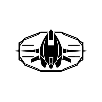 Futuristic Jet in Shieldlike Emblem A stark, symmetrical monochrome featuring a stylized jet fighter within a geometric frame. vector