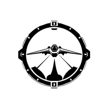 Futuristic, minimalist featuring a stylized spacecraft within a compasslike circle, with a black and white palette. vector