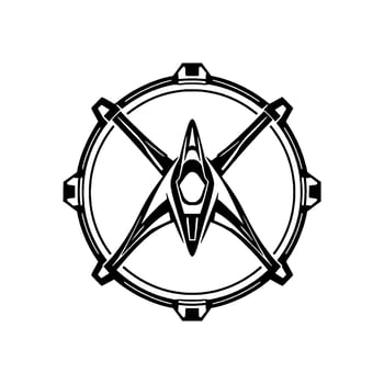 Futuristic Geometric Emblem A stylized spaceship within a cogwheel, set against a stark white background. vector