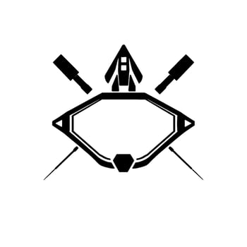 Geometric Black and White Composition Abstract Emblem Featuring a Spacecraft, Batons, and Stylized Shield vector