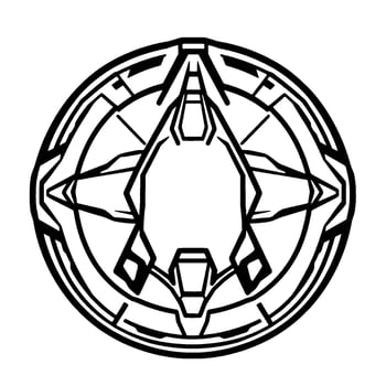Geometric, detailed black and white circular featuring sharp angles, symmetrical patterns, and futuristic aesthetics on a white background. vector