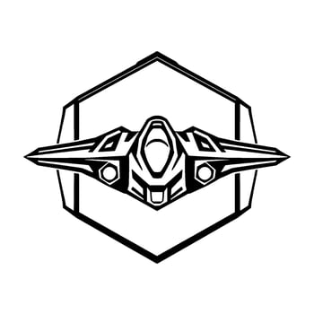 Black and White Illustration of a Futuristic Spacecraft within a Hexagonal Frame, Ideal for Logos and Badges. vector
