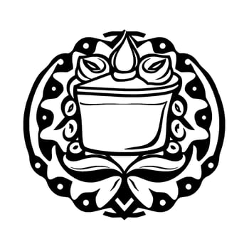 Intricate Black and White BotanicalThemed Mandala with Central Pot, Leaves, and Abstract Floral Elements on a Cream Background. vector