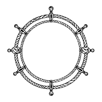 Nautical Helm in Black and White Detailed Rope with Decorative Fastenings, Circular Composition, . vector