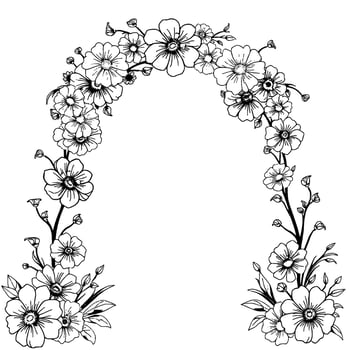 An elegant floral archway in a black and white outline style, featuring blossoming flowers and delicate leaves, perfect for wedding or invitation themes. vector