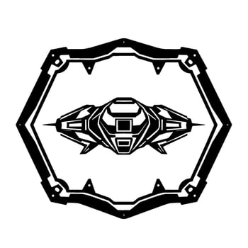 Futuristic Starship Inside a Geometric Hexagonal Frame, Monochrome Silhouette Style. vector