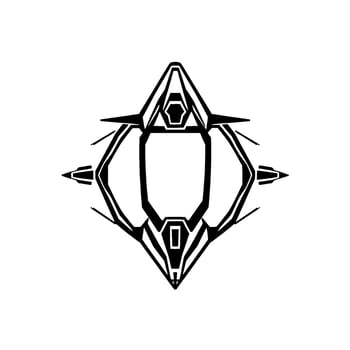 Geometric Black and White Illustration of a Symmetrical, Futuristiclooking Spacecraft or Emblem , centered on a white background. vector
