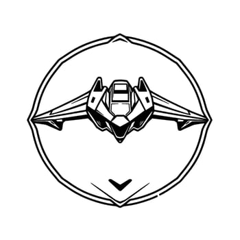 Illustration of a Futuristic Starfighter Aircraft Within a Circular, Abstract Geometric Frame with a DownwardPointing Arrow Element. vector