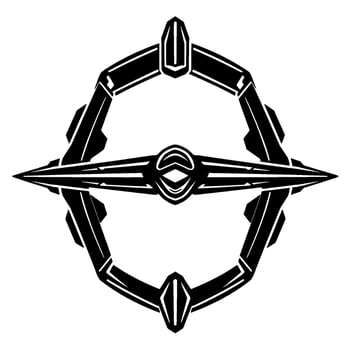 Geometric, symmetrical black and white of a complex, stylized, futuristic space station or emblem with interconnected elements. vector