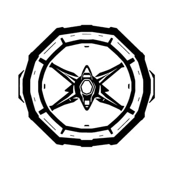 A symmetrical, highcontrast monochrome illustration of a futuristic spaceship or aircraft within a stylized circular frame with an octagonal outer rim, suggesting advanced technology. vector