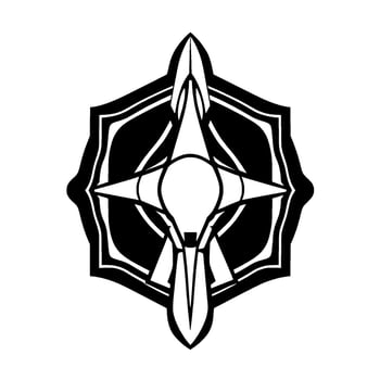 Symmetrical black and white geometric resembling a stylized compass rose within an ornate shield shape. vector