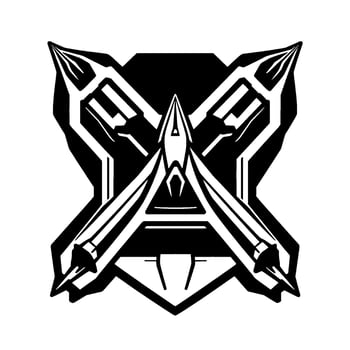 Symmetric Black and White Emblem Featuring Stylized Crossed Weapons and Geometric Shapes, Futuristic, Minimalist , Art. vector