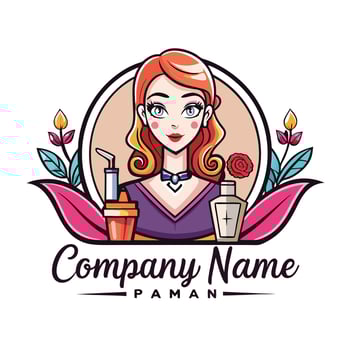 Cute girl logo with beauty products and flowers vector