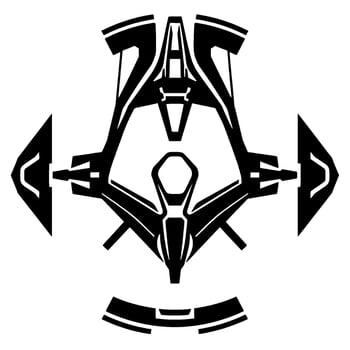 Symmetric Black and White Art of a Futuristic Spacecraft with Angled Wings and Central Cockpit, Isolated on White. vector