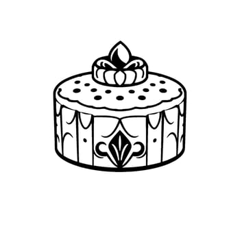 Detailed black and white line drawing of a round, ornate cake with a layered top, spotted icing, and elegant side panel details. vector