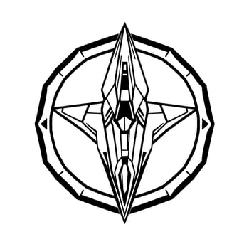 geometric black and white featuring an abstract starshaped emblem, inside a compasslike segmented circle with polygonal elements. vector