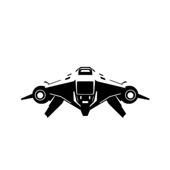 illustration of a symmetrical, futuristic spacecraft in black and white, featuring circular engine details and wings against a clean backdrop. vector