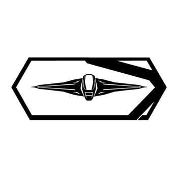 Geometric Monochrome Illustration of a Futuristic Spaceship in a Hexagonal Frame, Streamlined and Bold, on White. vector