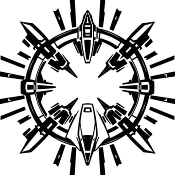 Stylized Black and White Geometric Illustration of a RingShaped Spacecraft Assembly with Multiple Attached PodLike Vessels. vector